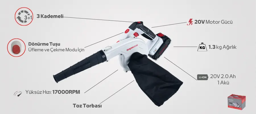 Specco 20V Akülü Emici-Üfleyici SP20V-4046 Tek Batarya