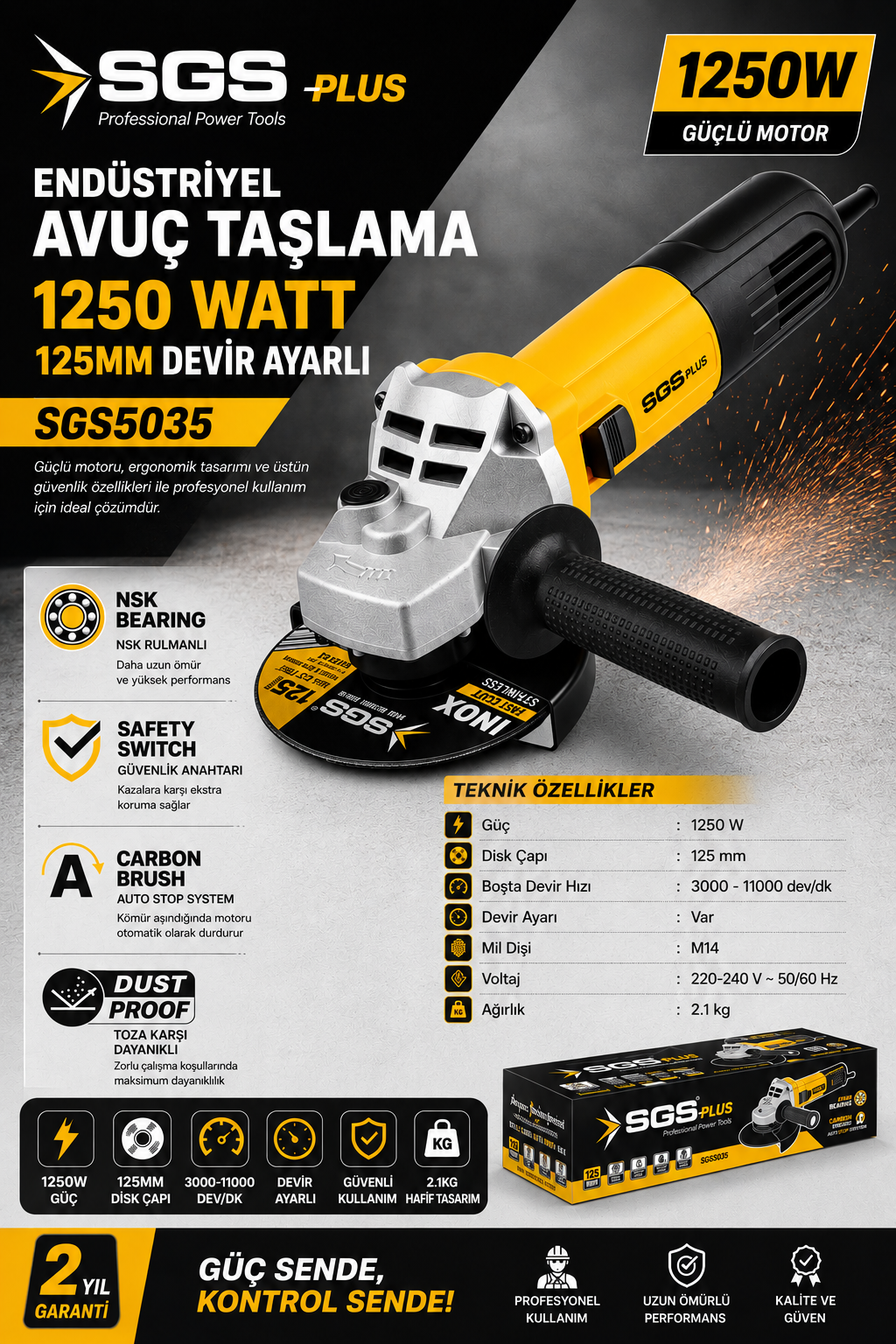SGS5035 ENDÜSTRİYEL AVUÇ TAŞLAMA 1250 WATT 125MM DEVİR AYARLI